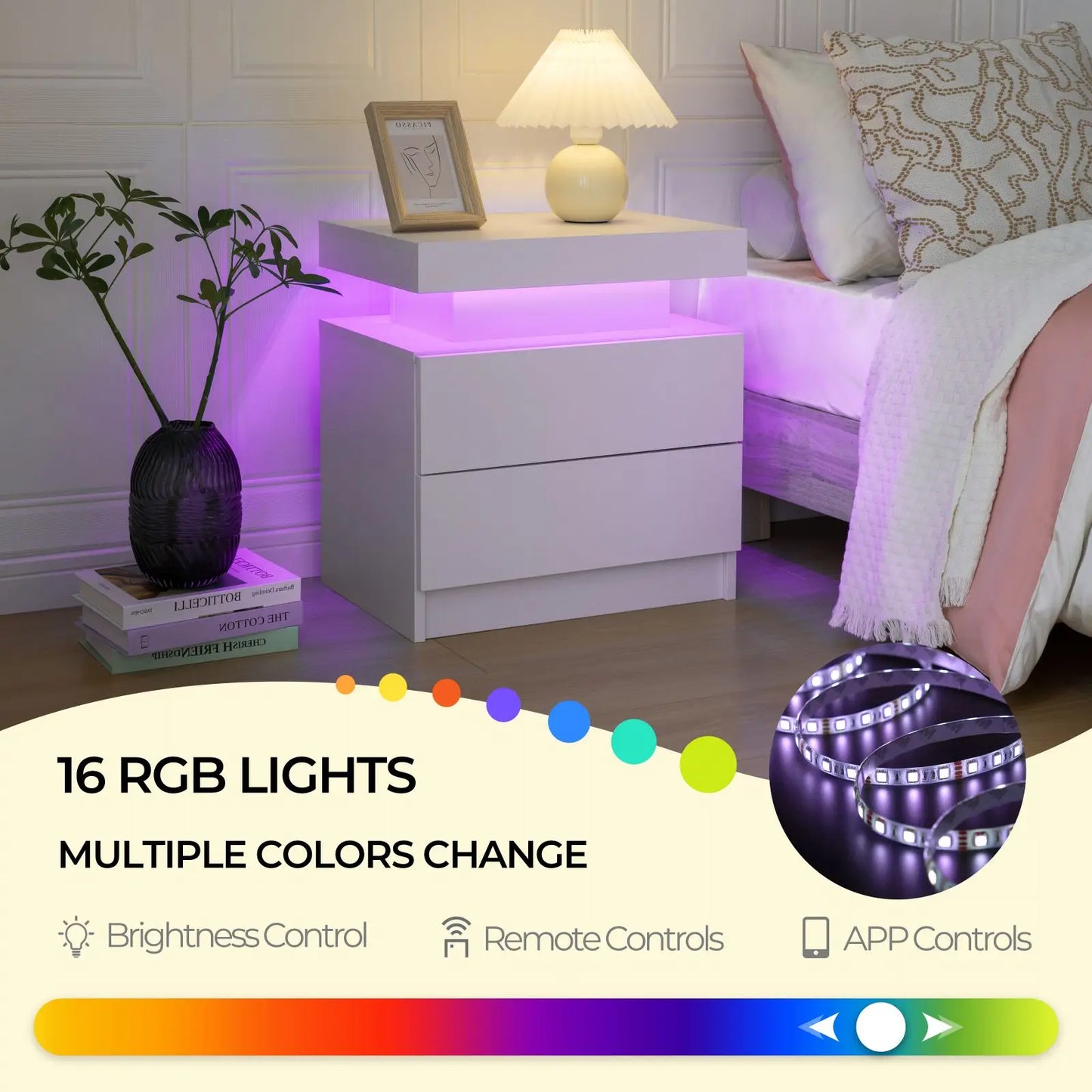 Cubehom LED Nightstands With 2 Drawers And RGB Lighting For Bedroom And Living Room