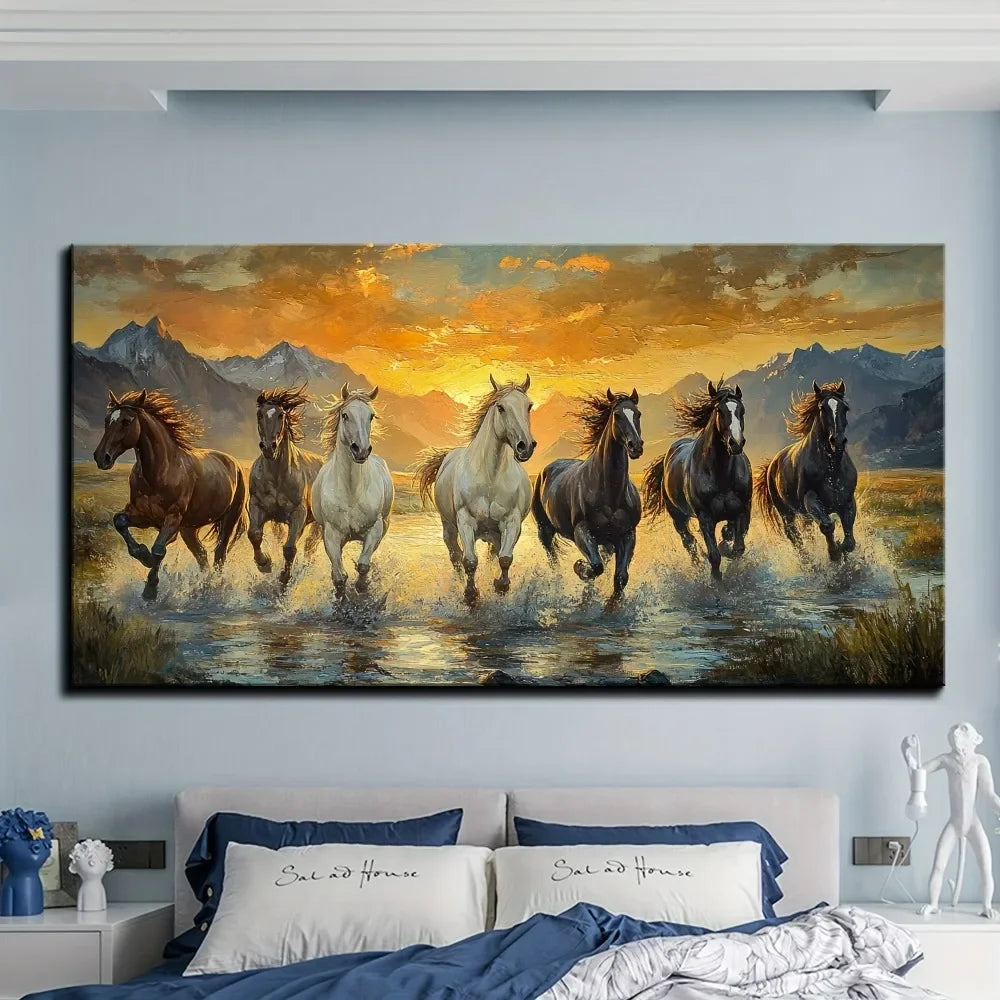 Feng Shui Seven Horse Canvas Wall Art With Pine Frame