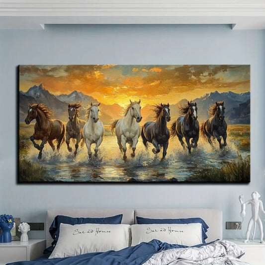 Feng Shui Seven Horse Canvas Wall Art With Pine Frame