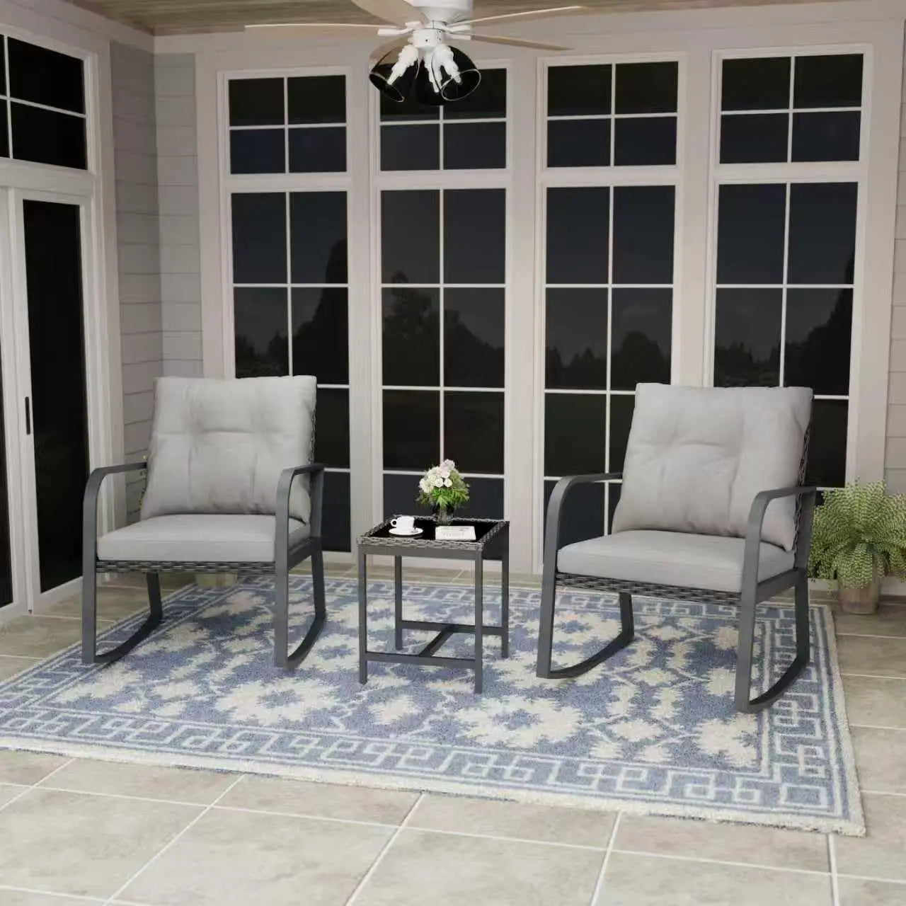 Bistro Three Piece Outdoor Patio Set With Rattan Rocking Chairs
