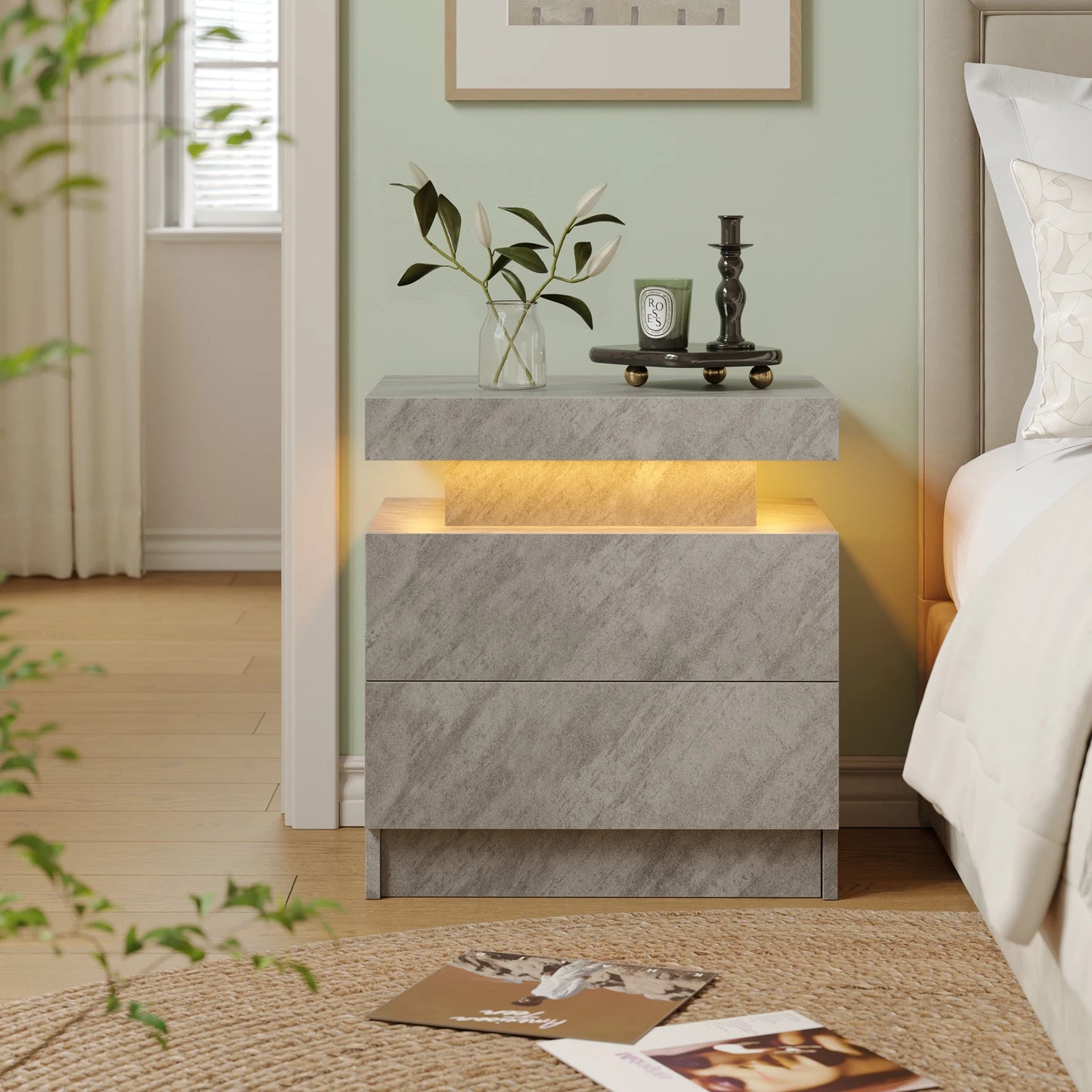 Cubehom LED Nightstands With 2 Drawers And RGB Lighting For Bedroom And Living Room