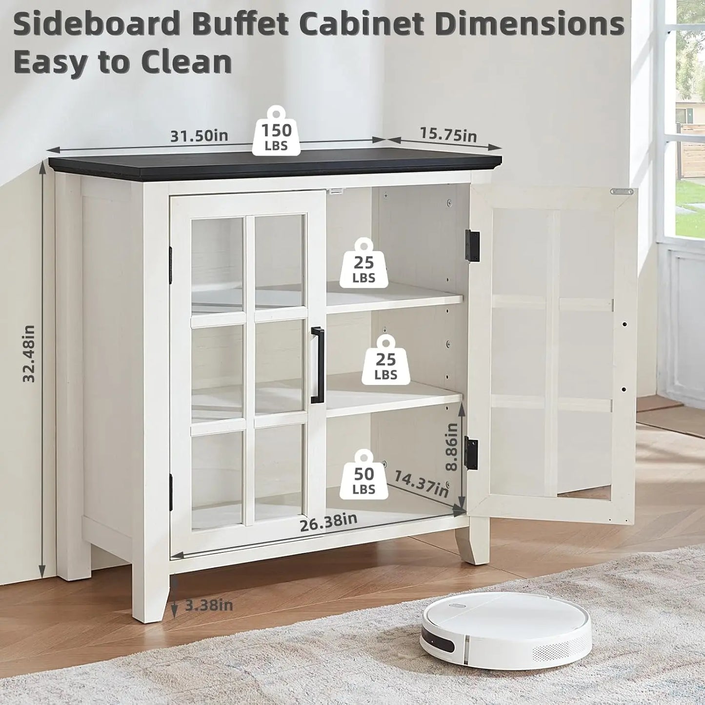 MOYU Farmhouse Kitchen Sideboard Buffet Cabinet With Glass Doors