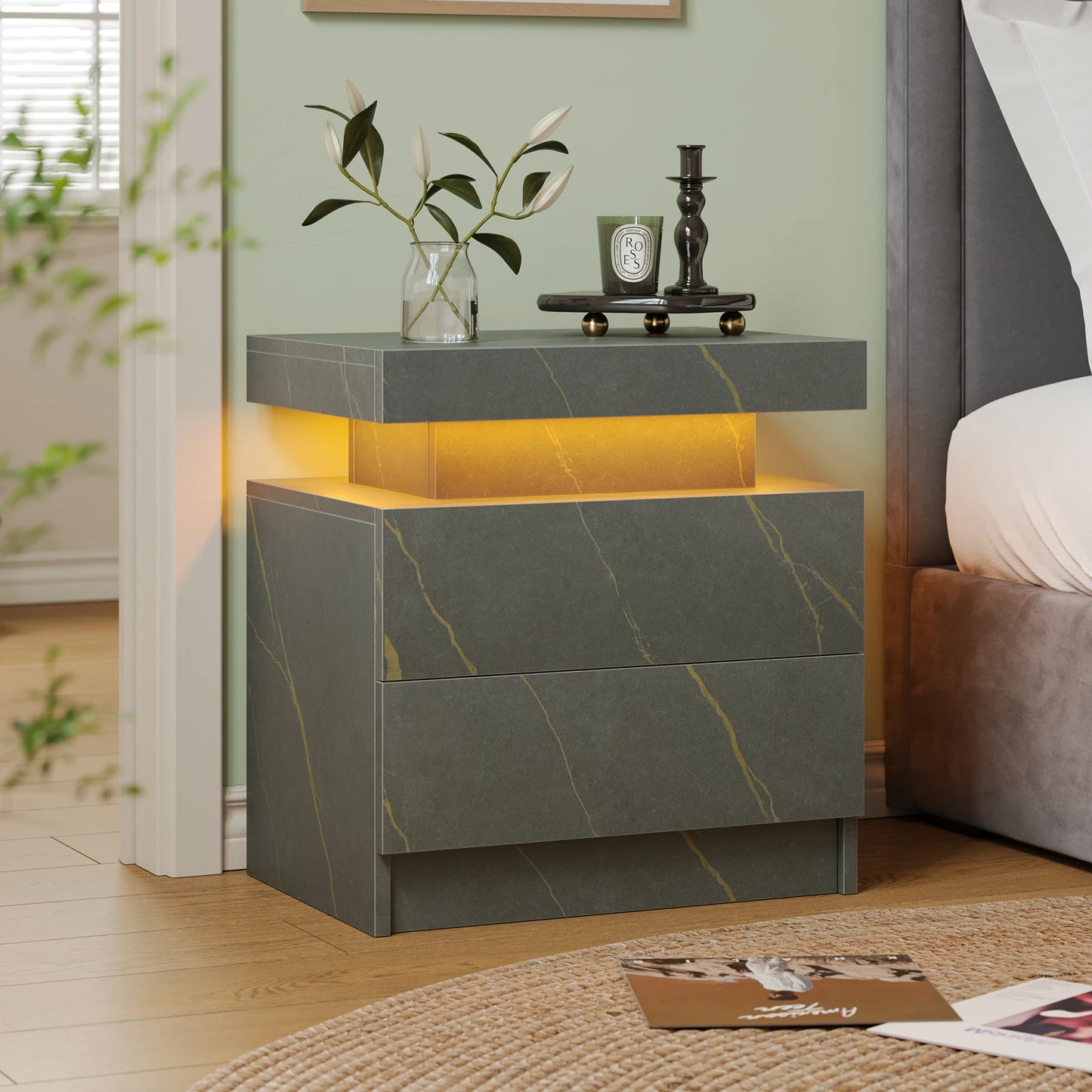 Cubehom LED Nightstands With 2 Drawers And RGB Lighting For Bedroom And Living Room