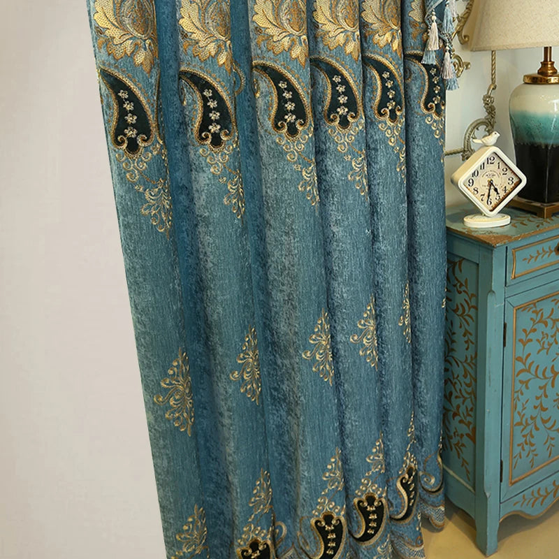 Luxuriously Embroidered Chenille Curtains 2-Piece Set For Living Room