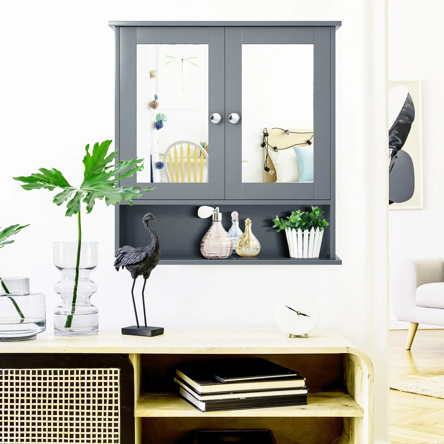 HOMASIS Wall Mount Mirror Cabinet Medicine Organizer With Open Shelf Storage Space Saving
