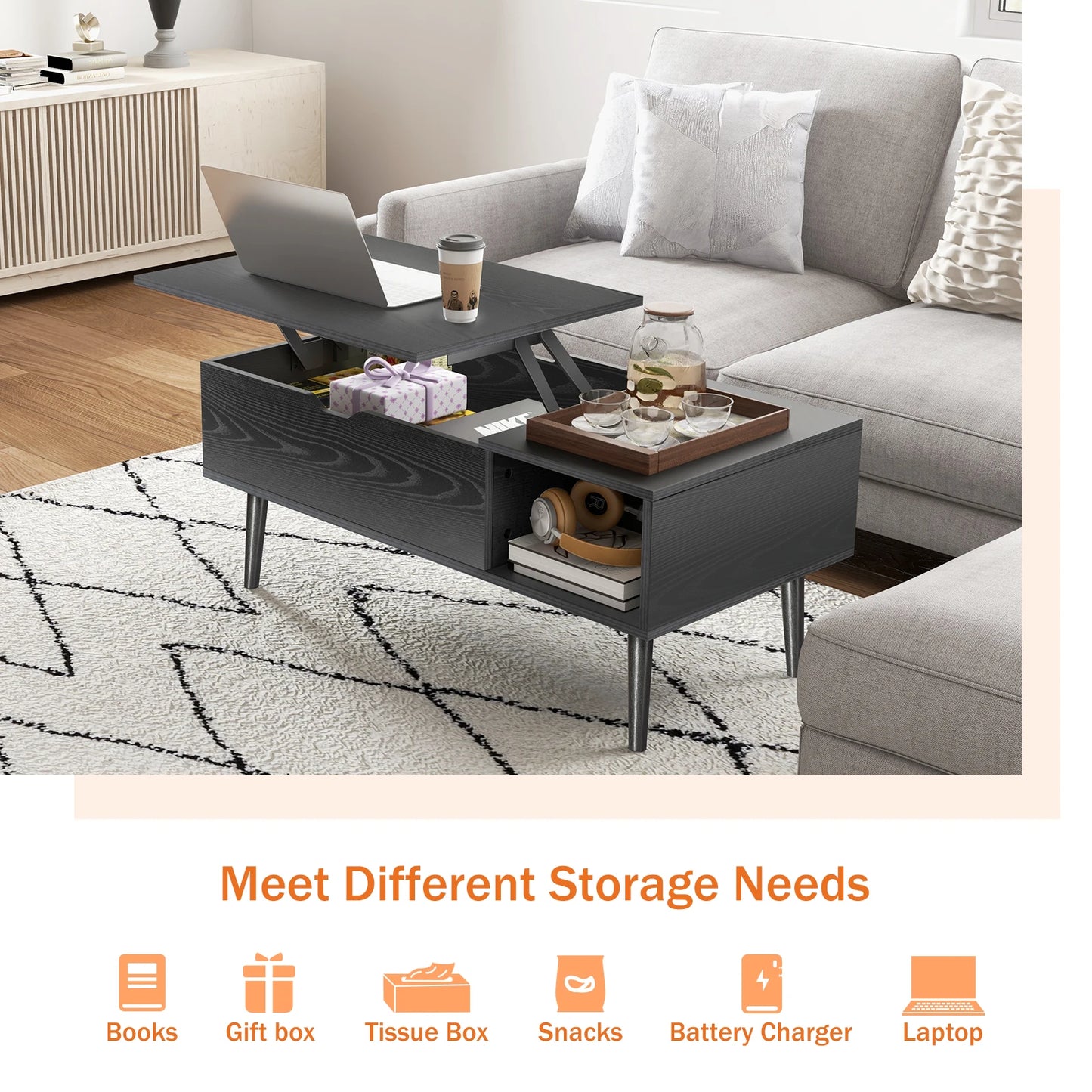 JHK Lift Top Coffee Table With Storage And Adjustable