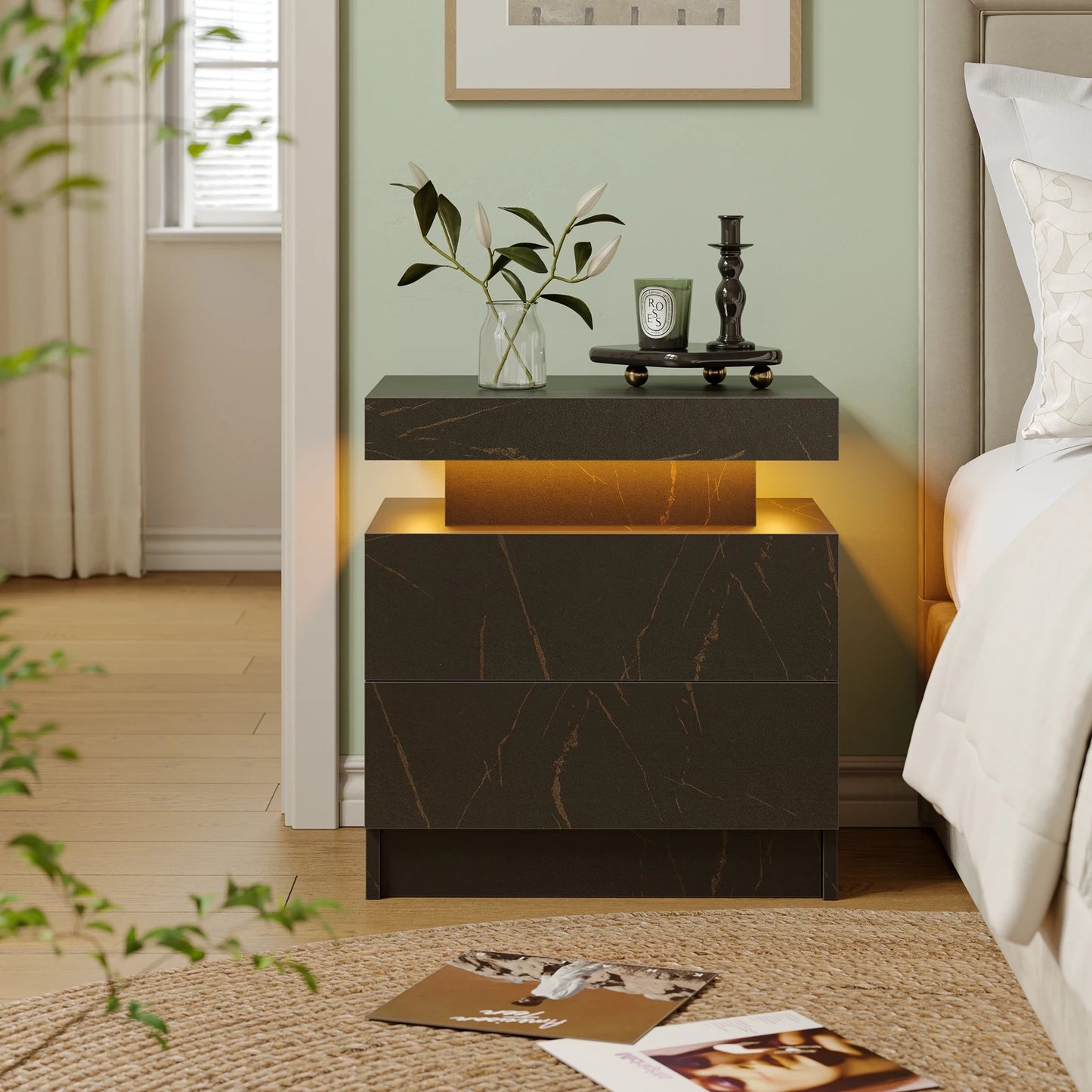 Cubehom LED Nightstands With 2 Drawers And RGB Lighting For Bedroom And Living Room