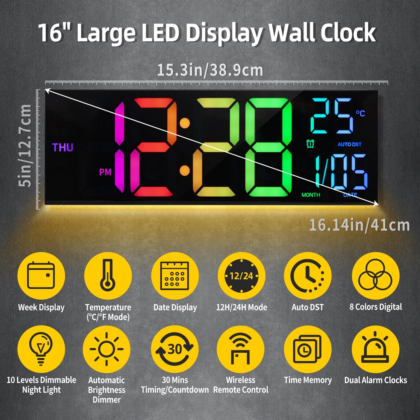 Digital Wall Clock With UltraBrightLEDDisplay Remote Temperature Sensor Monitoring