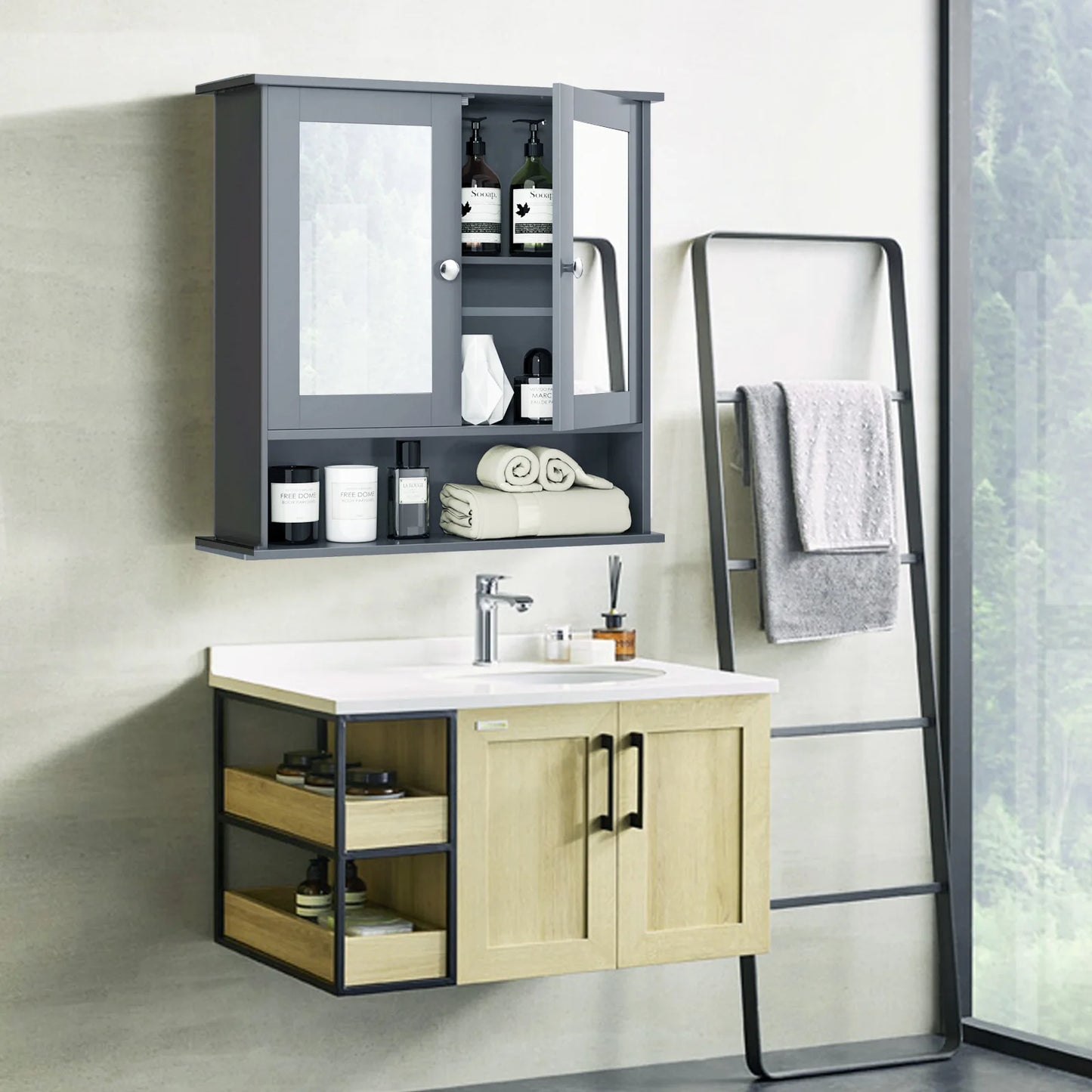 HOMASIS Wall Mount Mirror Cabinet Medicine Organizer With Open Shelf Storage Space Saving