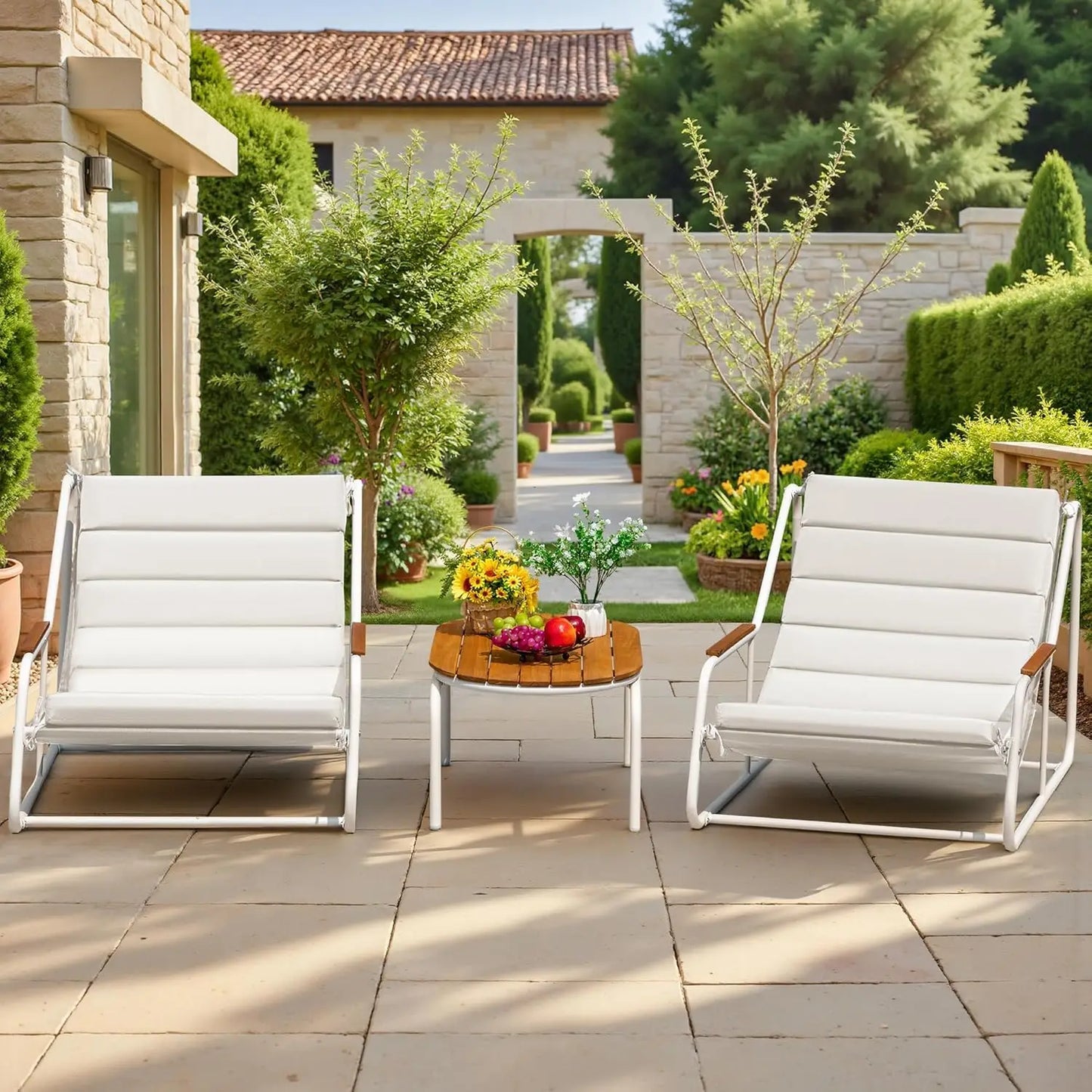 All-Weather Teslin Chaise Lounge Chairs With Acacia Side Table