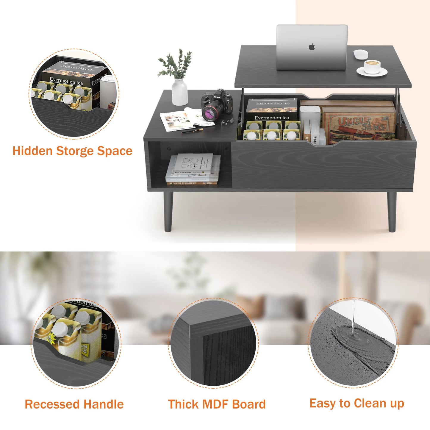 JHK Lift Top Coffee Table With Storage And Adjustable