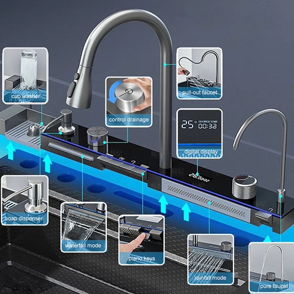 Stainless Steel Undermount Single Bowl Kitchen Sink With Digital Display