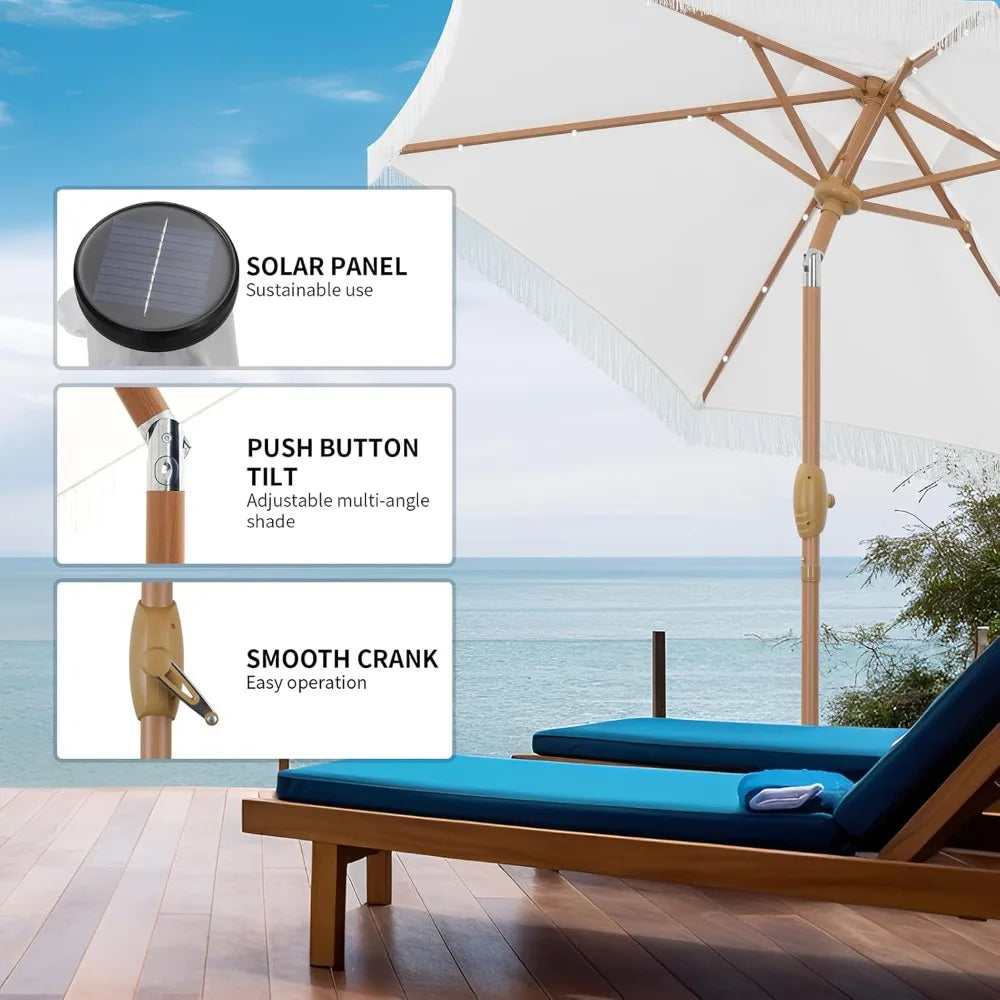 Fringe Patio Umbrella With Base And 18 LED Solar Lights