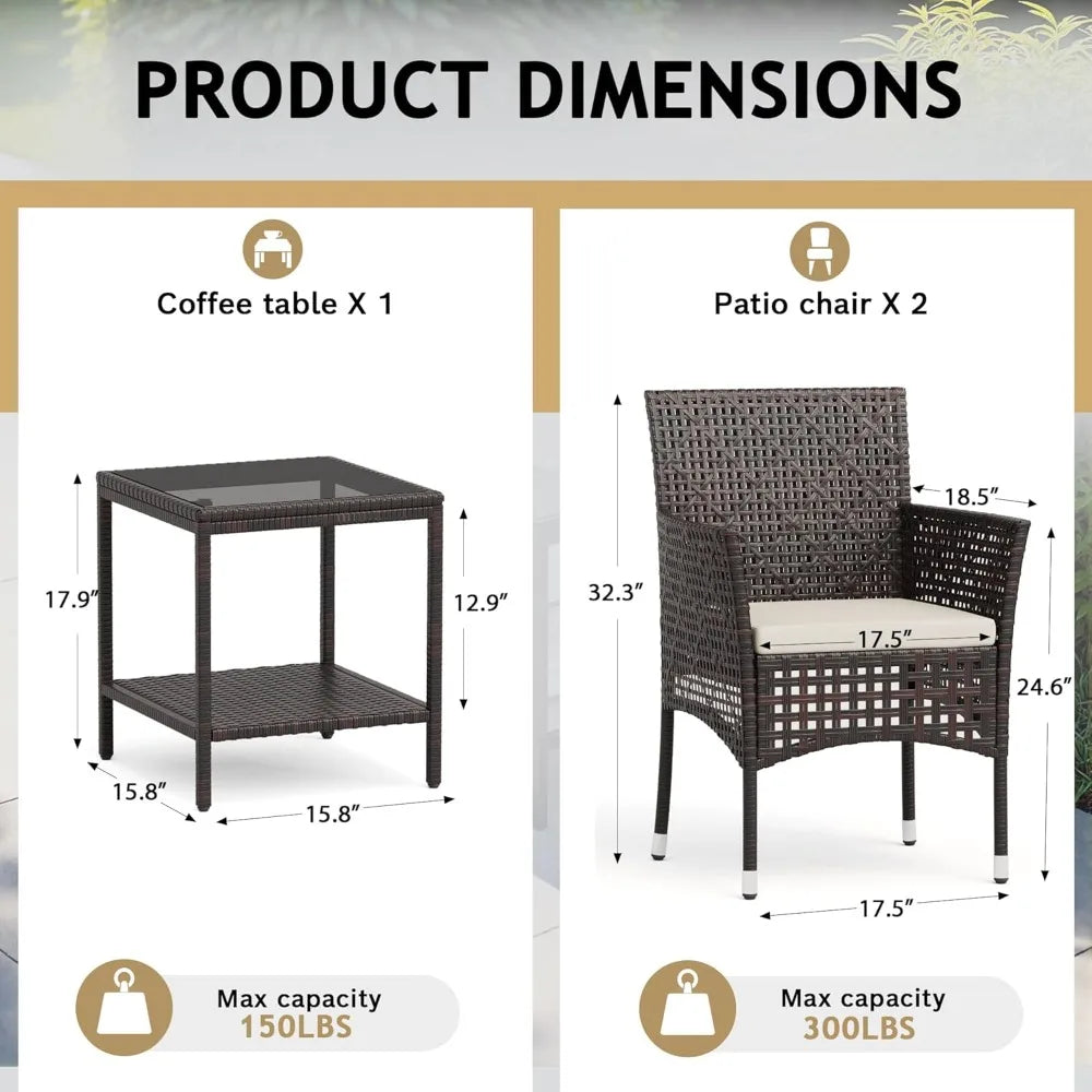 Patio Furniture Set 3 Pieces Outdoor Wicker Chairs Coffee Table