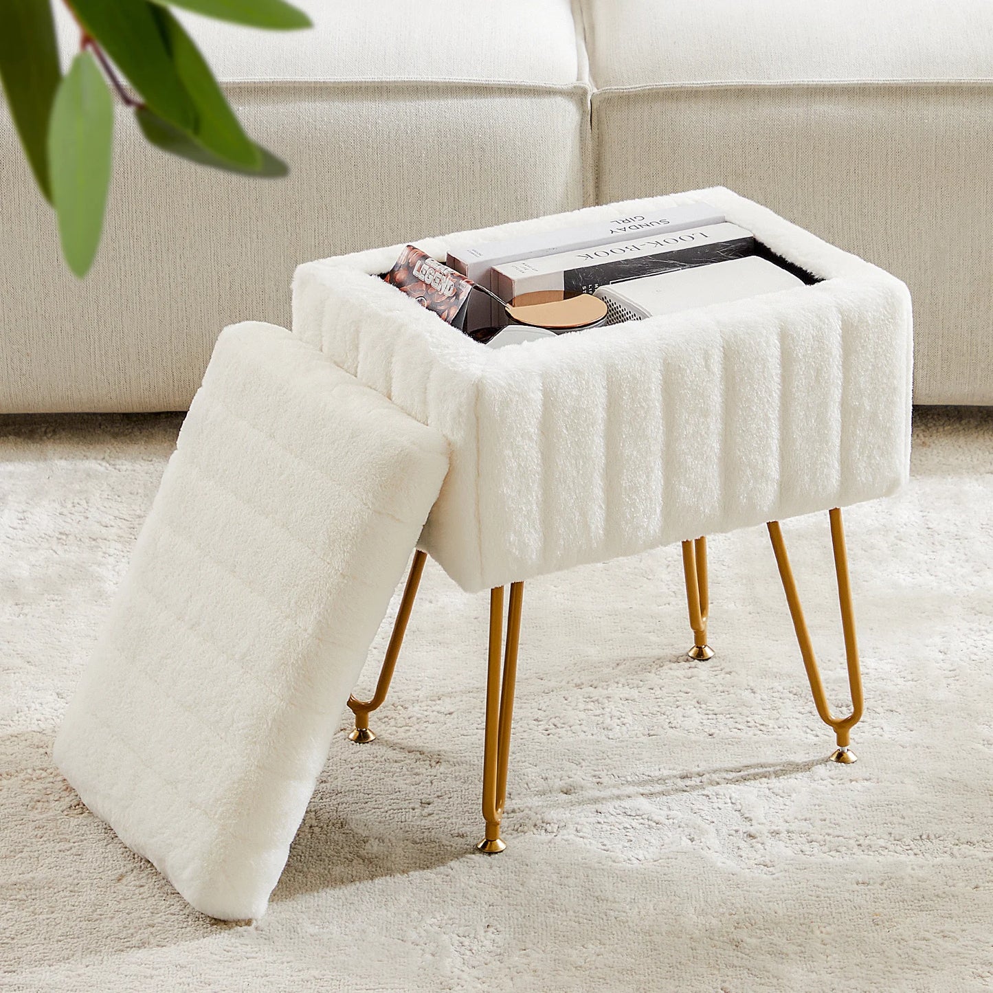 JHK Faux Fur Hidden Storage Ottoman Set for Living Room
