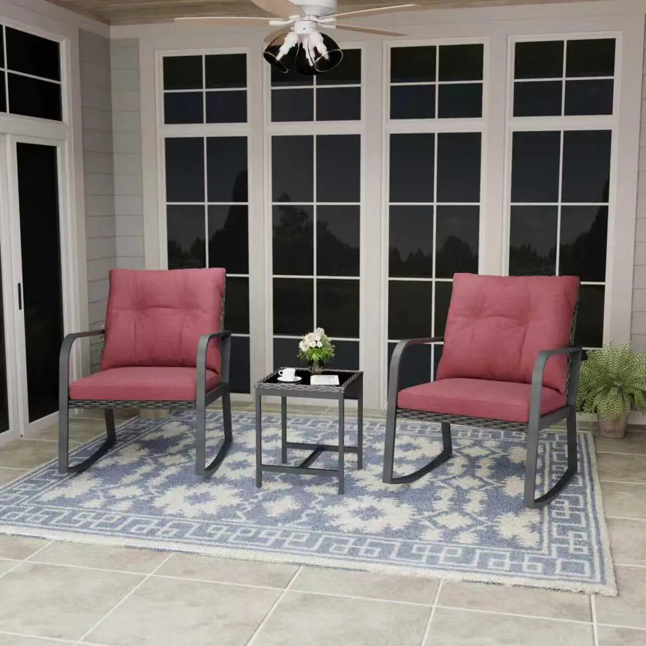 Bistro Three Piece Outdoor Patio Set With Rattan Rocking Chairs