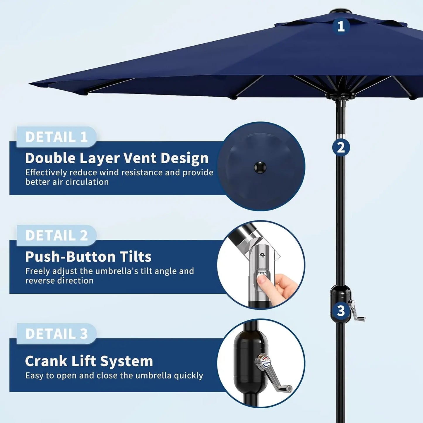 PatioUmbrellaWithUVProtectionCrankLiftTiltOutdoorShadeDurablePolyesterFabricWaterResistantAllWeatherSunGuard