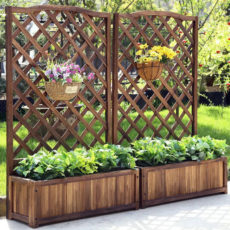 Wooden Raised Garden Bed Planter With Trellis For Outdoors