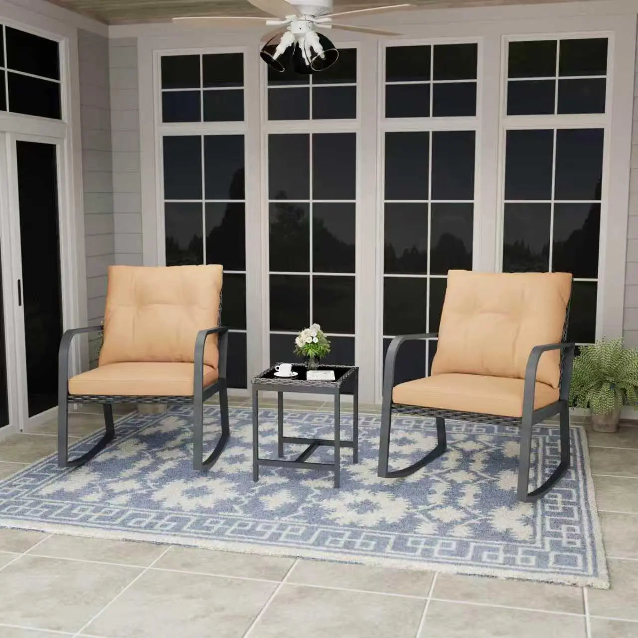 Bistro Three Piece Outdoor Patio Set With Rattan Rocking Chairs