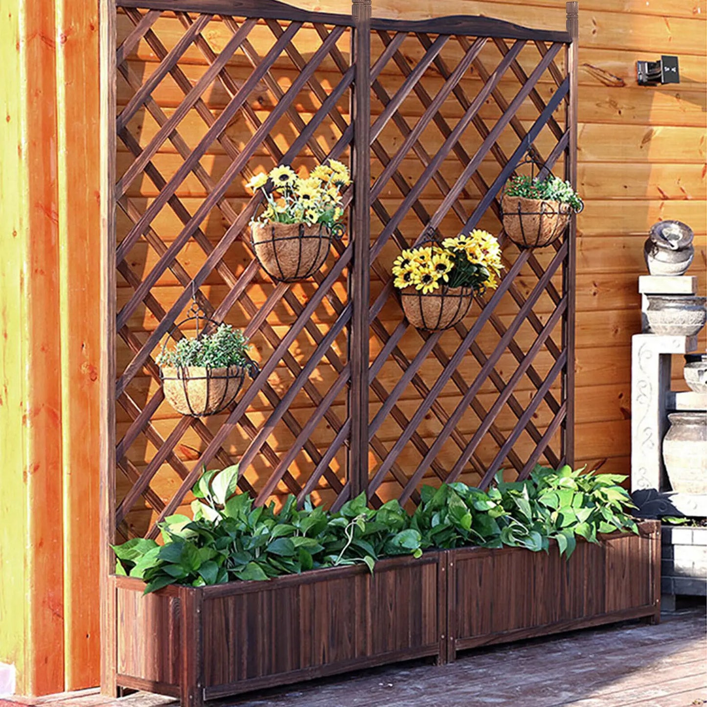 Wooden Raised Garden Bed Planter With Trellis For Outdoors