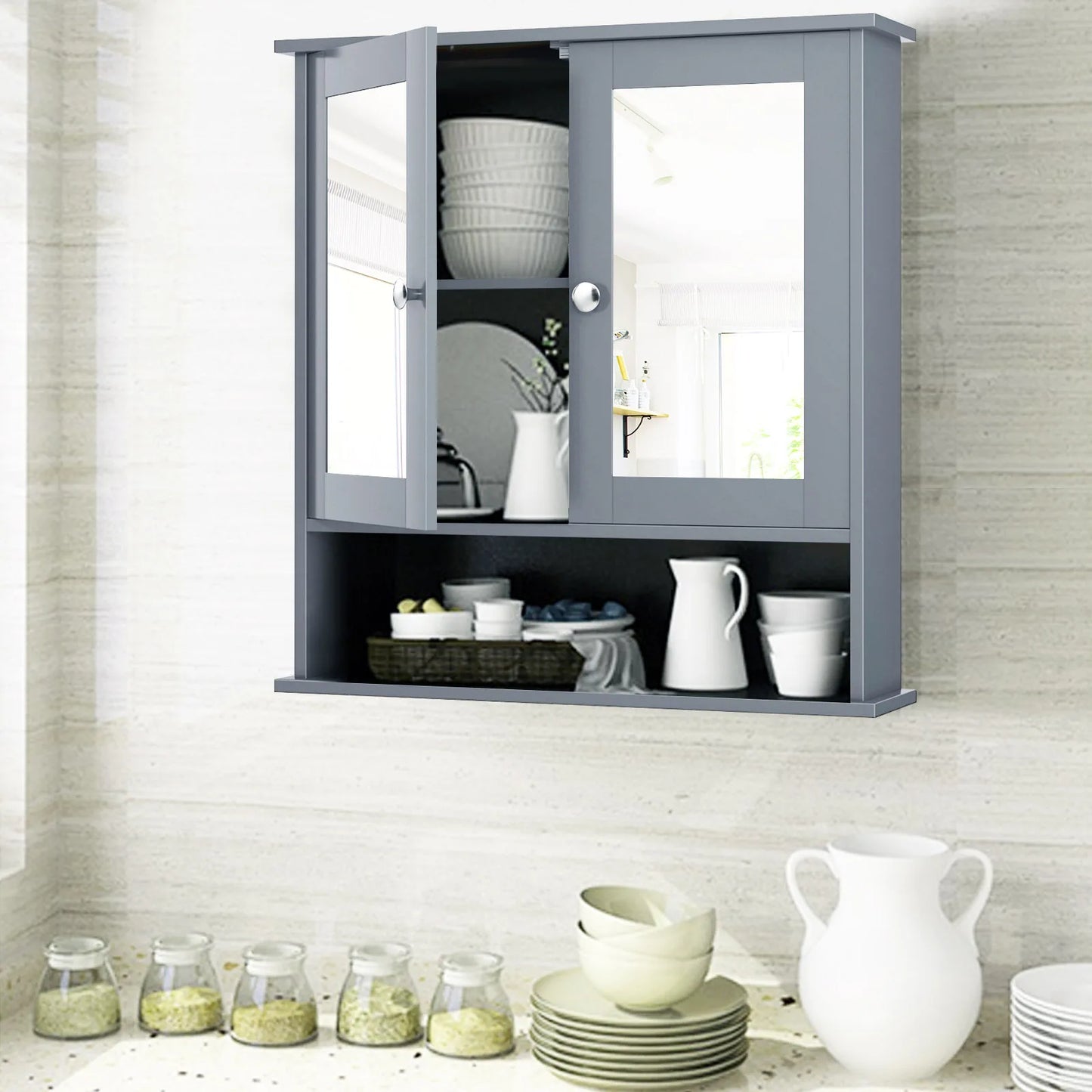 HOMASIS Wall Mount Mirror Cabinet Medicine Organizer With Open Shelf Storage Space Saving