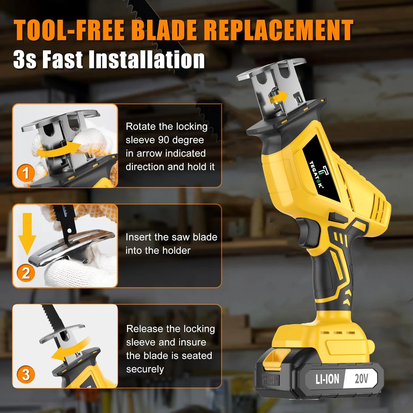 TEGATOK Cordless Reciprocating Saw with 20V Battery for DIY