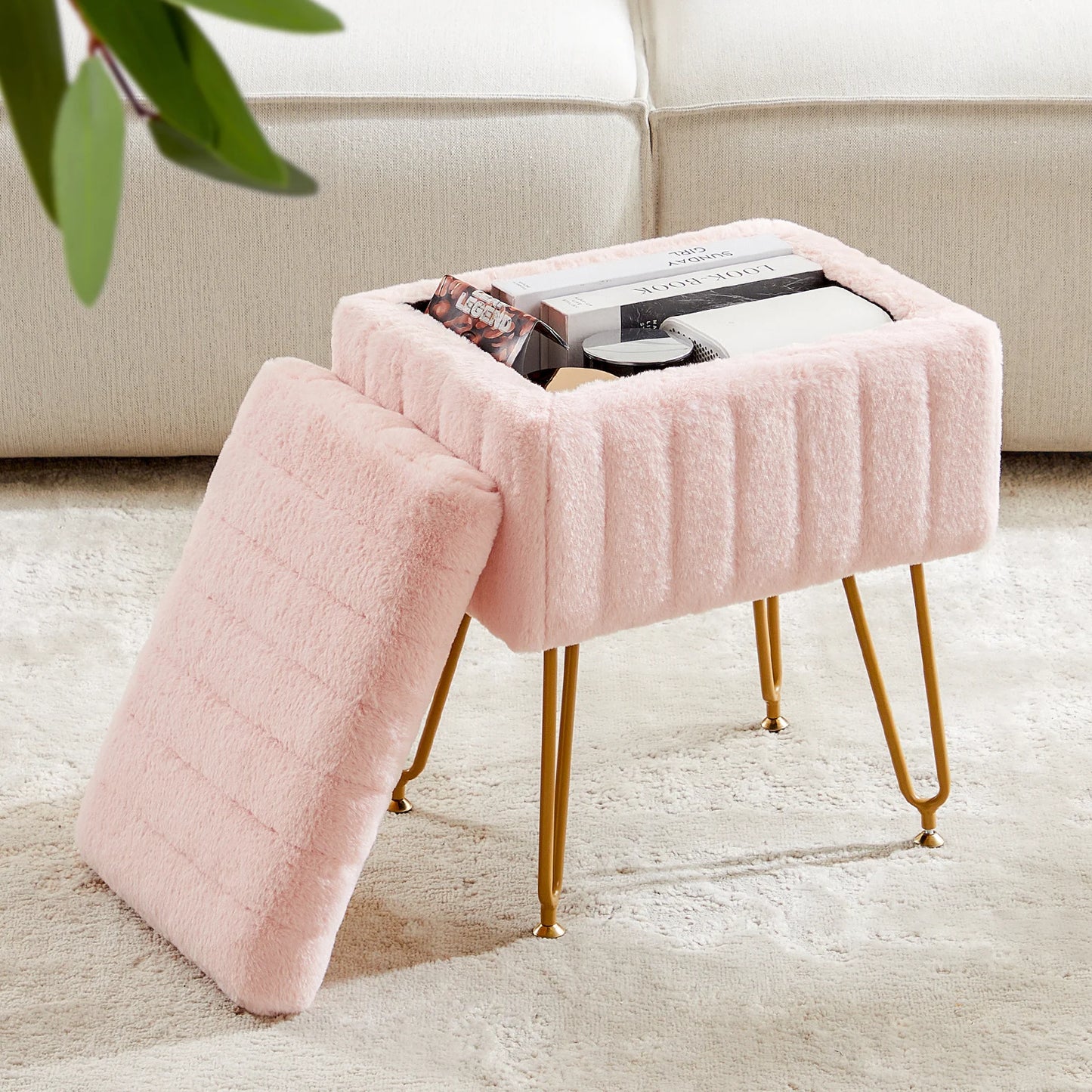 JHK Faux Fur Hidden Storage Ottoman Set for Living Room
