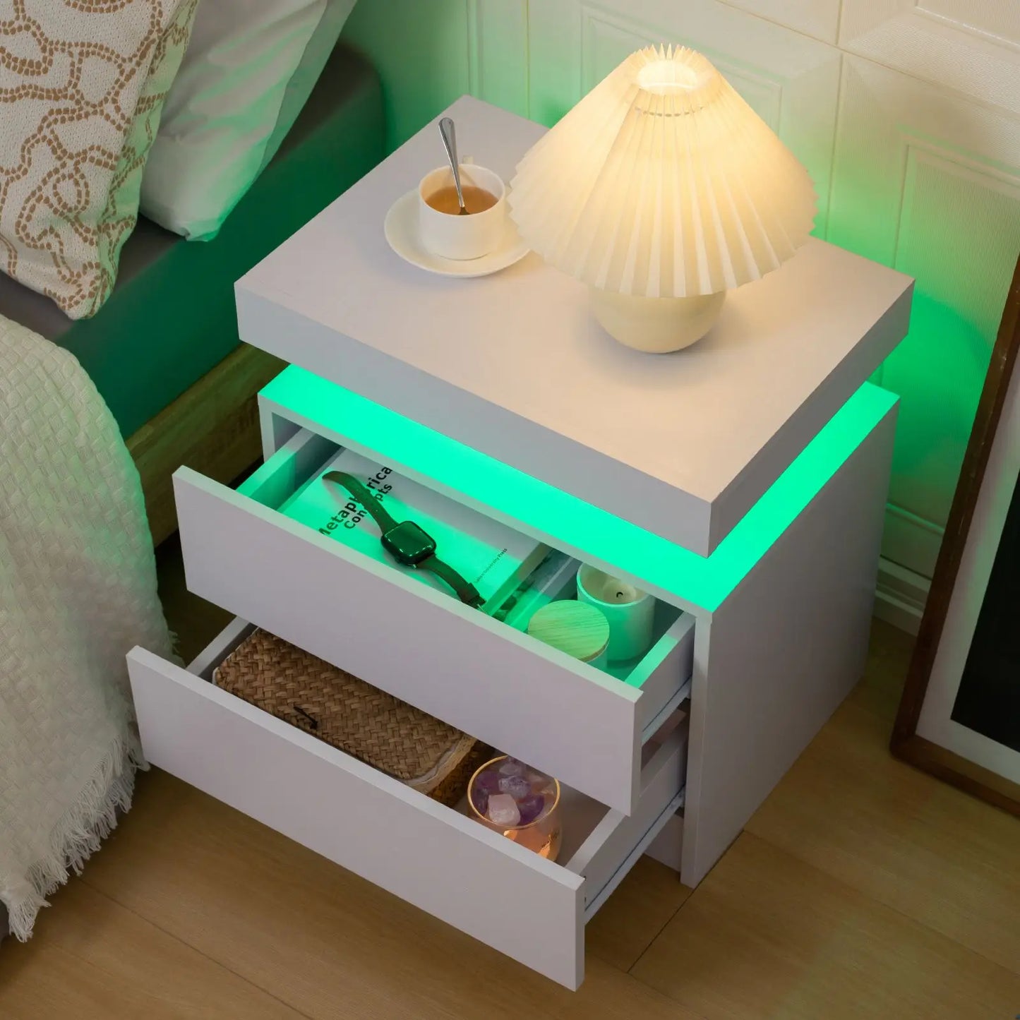 Cubehom LED Nightstands With 2 Drawers And RGB Lighting For Bedroom And Living Room