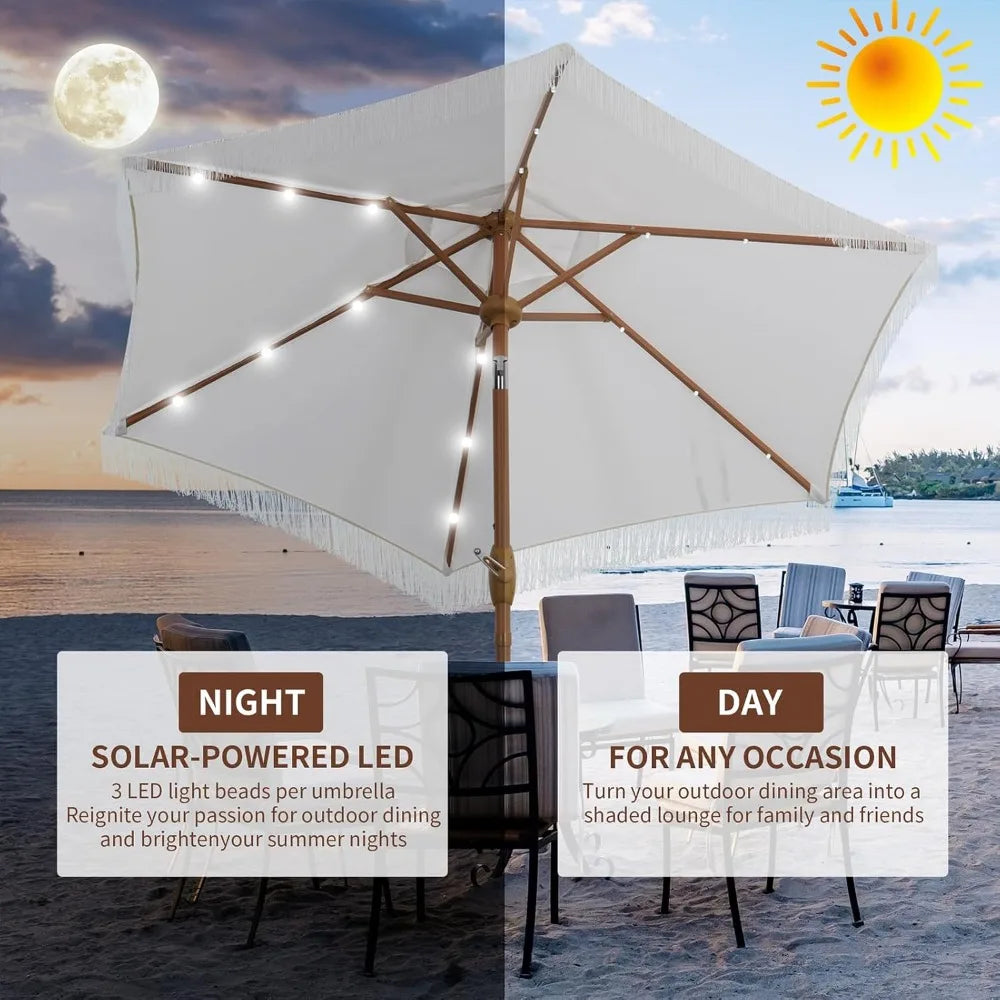 Fringe Patio Umbrella With Base And 18 LED Solar Lights