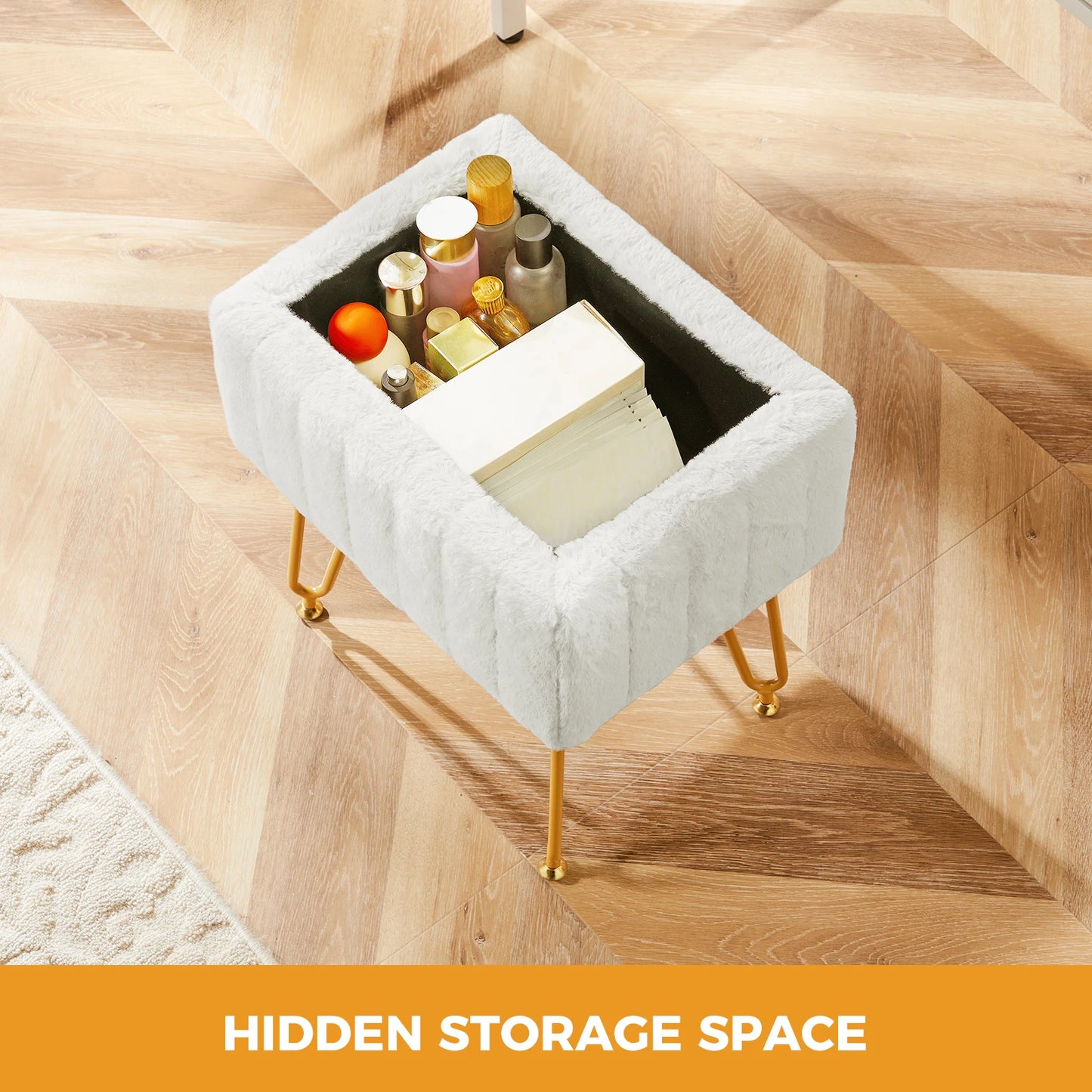 JHK Faux Fur Hidden Storage Ottoman Set for Living Room