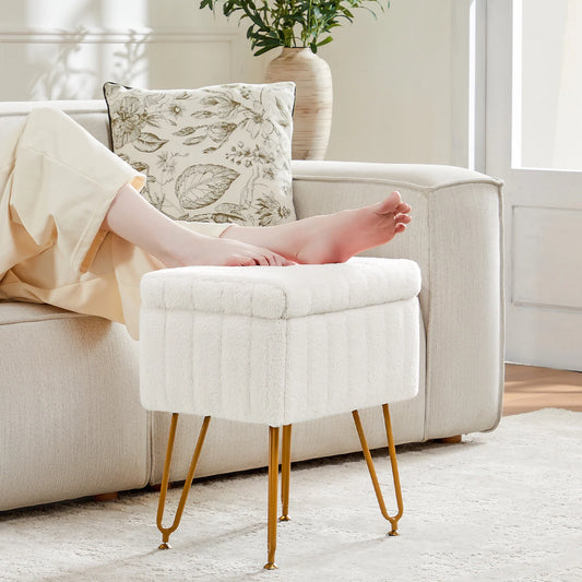JHK Faux Fur Hidden Storage Ottoman Set for Living Room