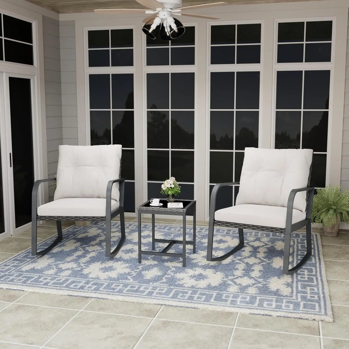 Bistro Three Piece Outdoor Patio Set With Rattan Rocking Chairs