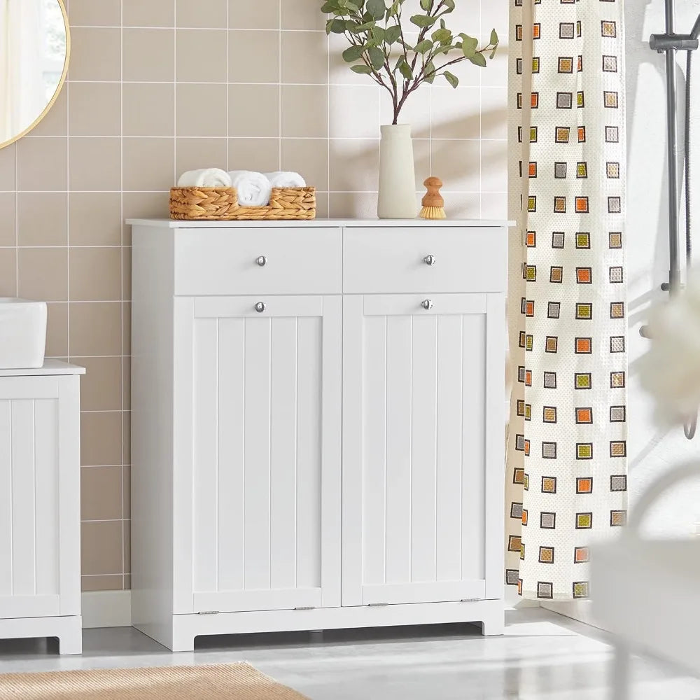 Tilt-Out Bathroom Laundry Cabinet With Hidden Hamper And Drawers