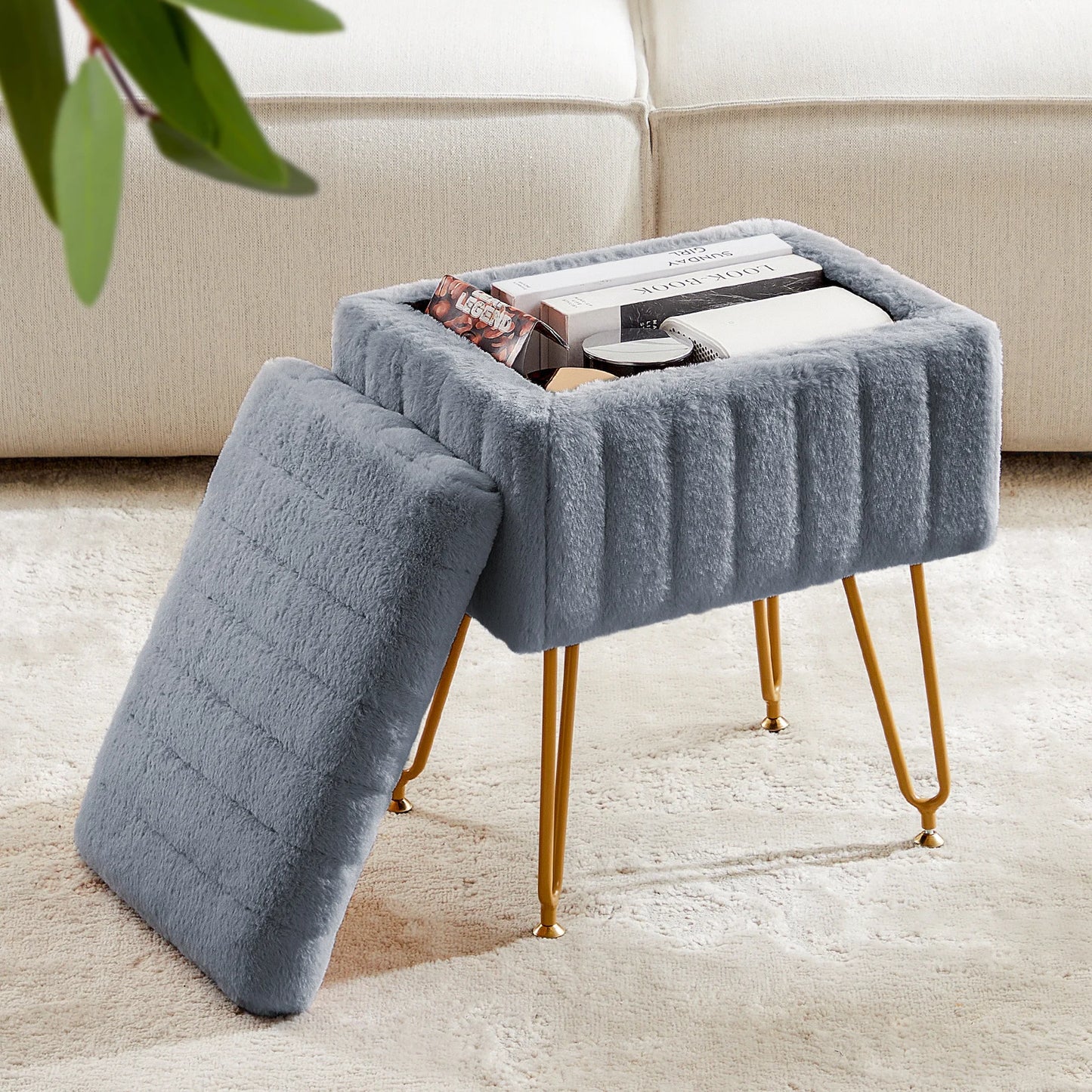 JHK Faux Fur Hidden Storage Ottoman Set for Living Room
