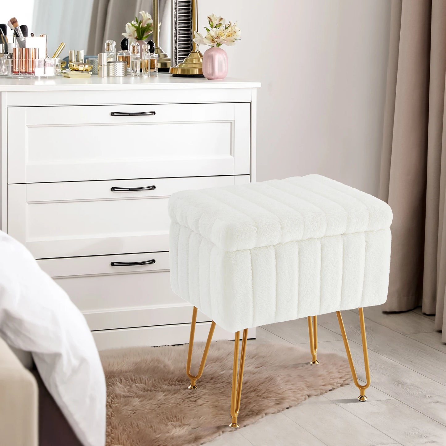 JHK Faux Fur Hidden Storage Ottoman Set for Living Room