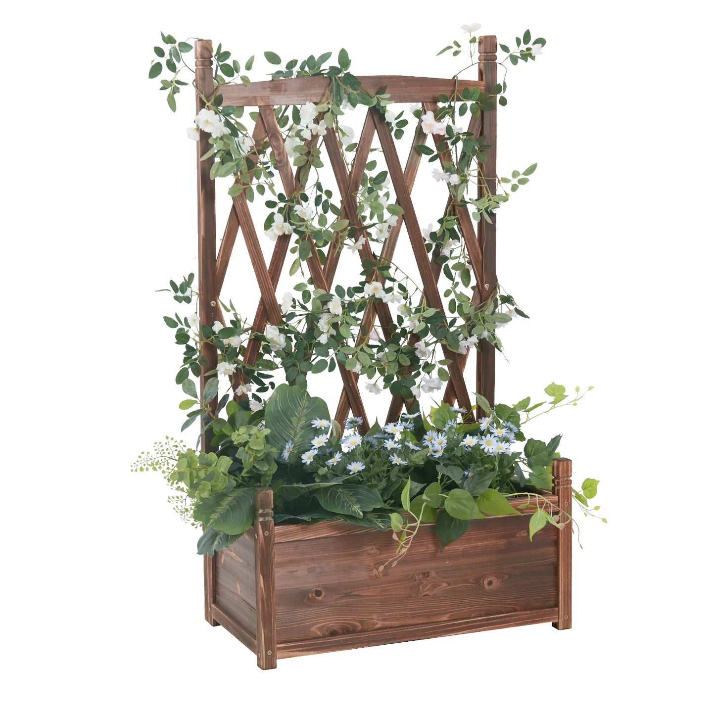 Wooden Raised Garden Bed Planter With Trellis For Outdoors