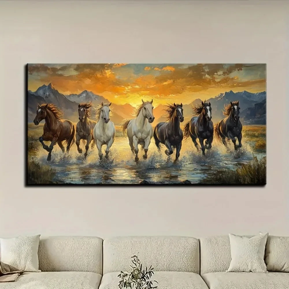 Feng Shui Seven Horse Canvas Wall Art With Pine Frame
