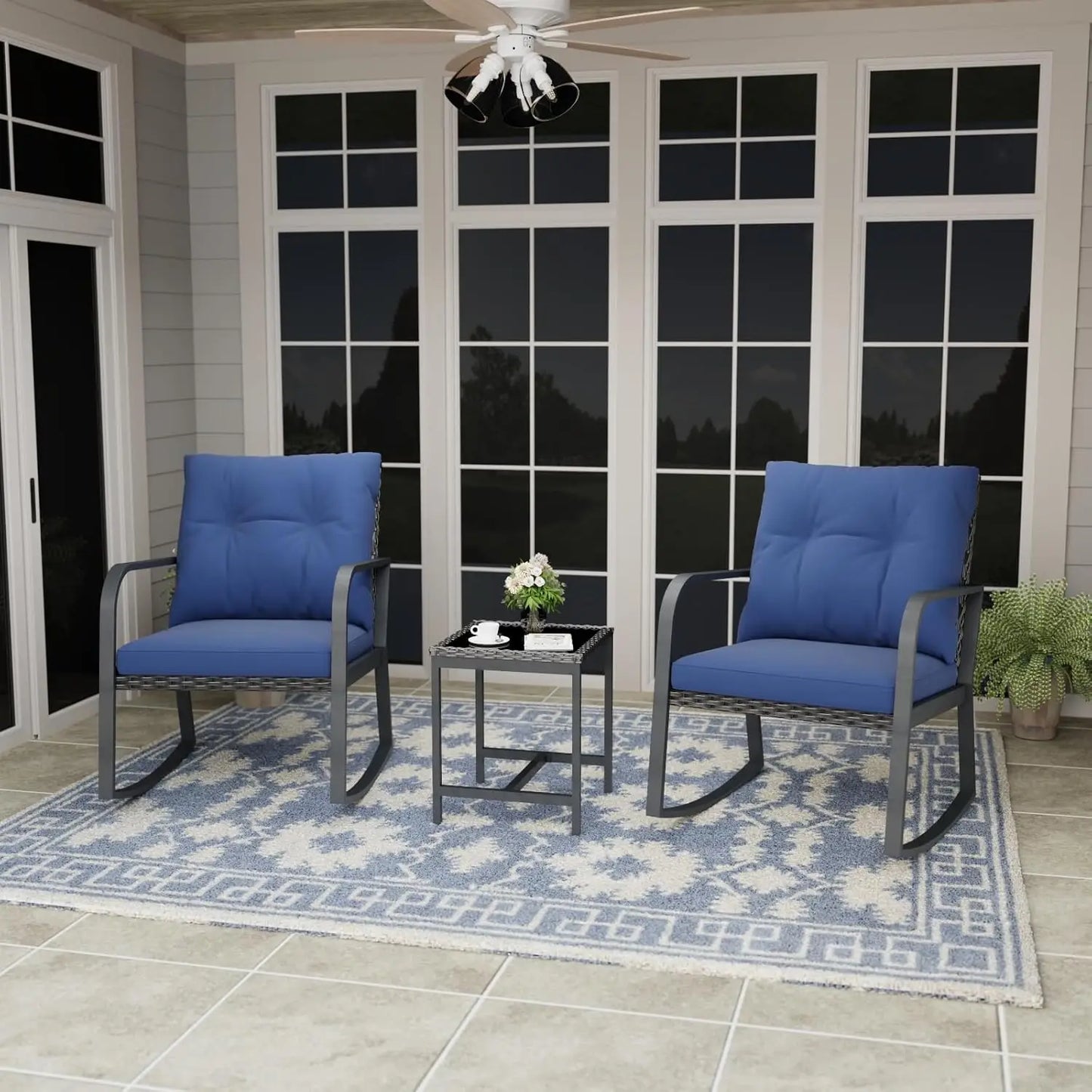 Bistro Three Piece Outdoor Patio Set With Rattan Rocking Chairs
