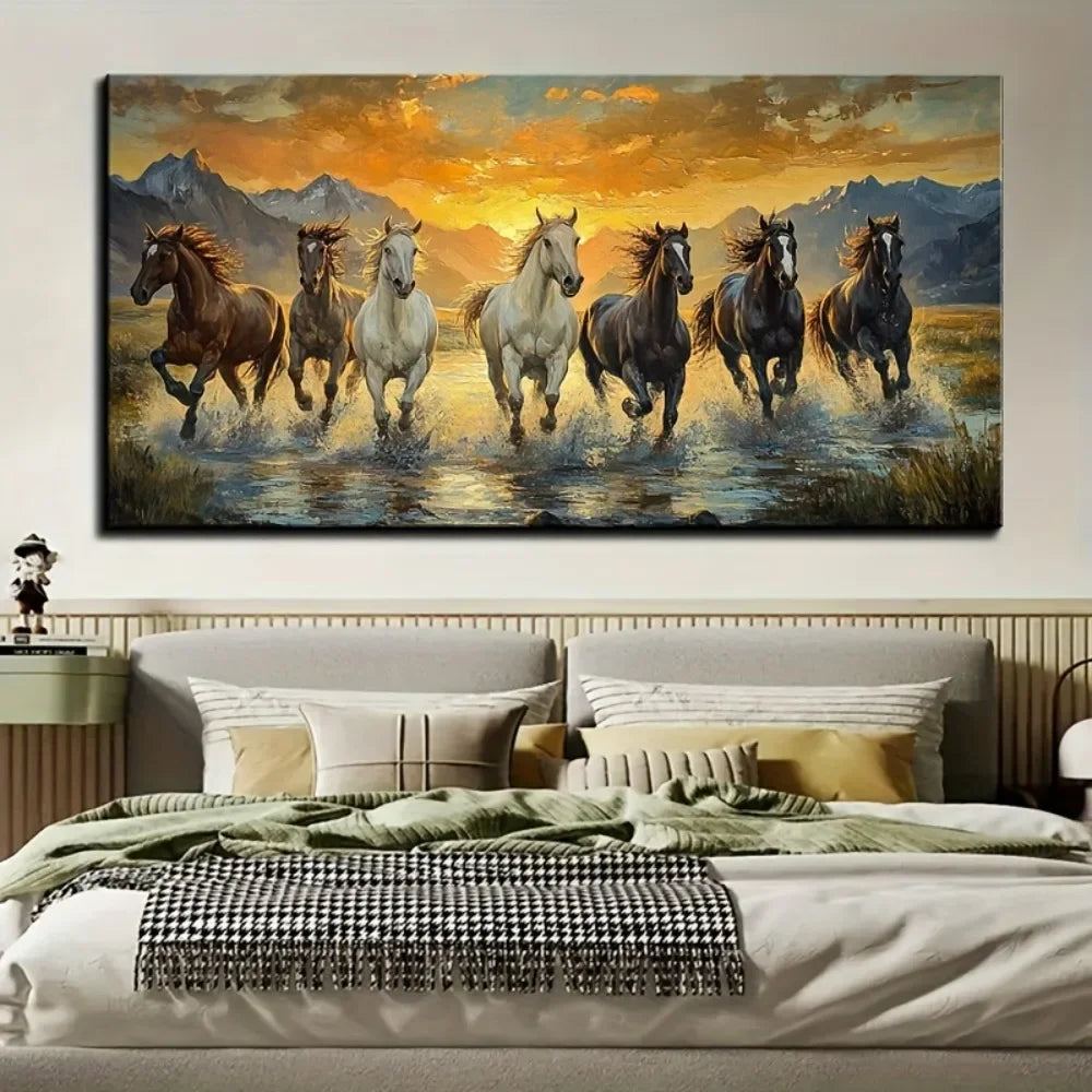 Feng Shui Seven Horse Canvas Wall Art With Pine Frame