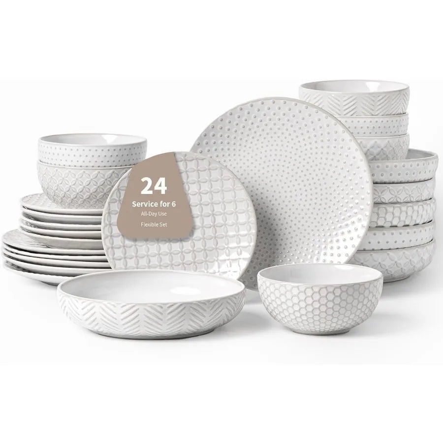 Ceramic 24-Piece Dinnerware Set For 6 With Plates And Bowls Elegant Everyday Family Meals