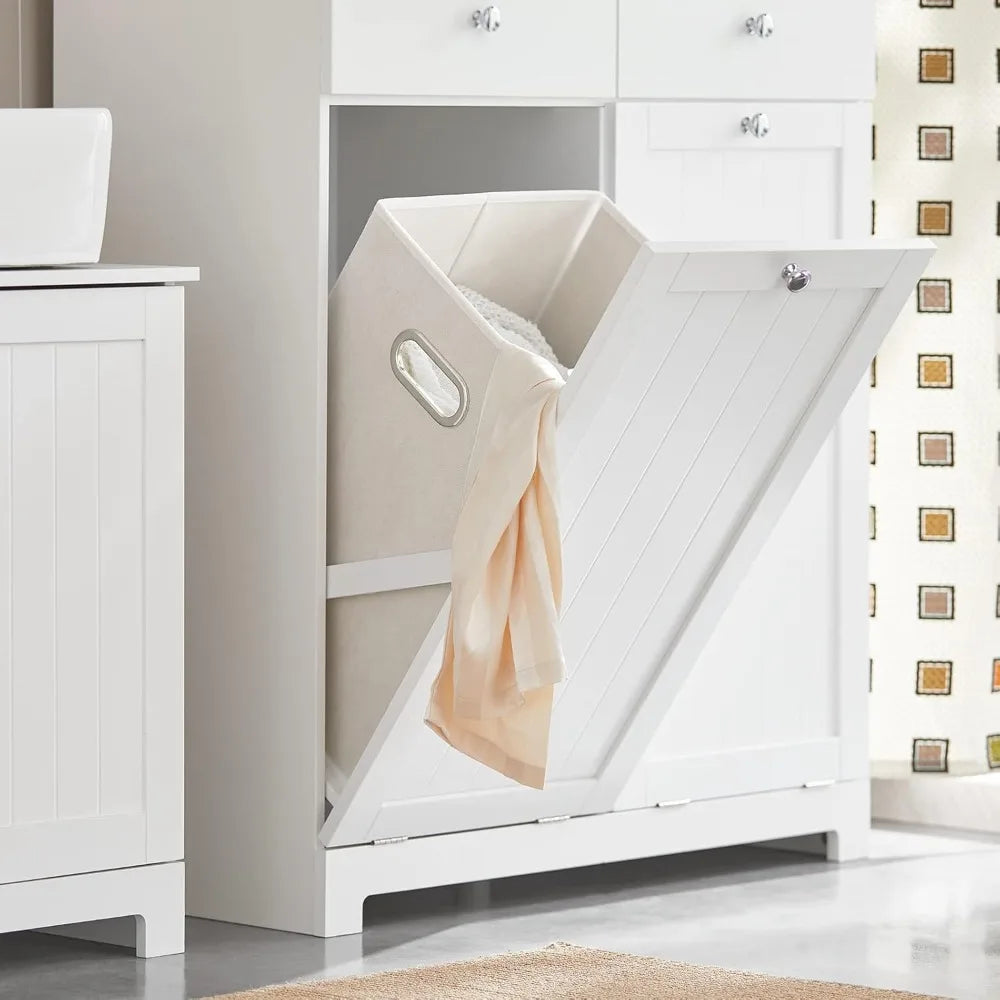 Tilt-Out Bathroom Laundry Cabinet With Hidden Hamper And Drawers