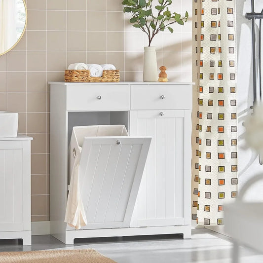 Tilt-Out Bathroom Laundry Cabinet With Hidden Hamper And Drawers