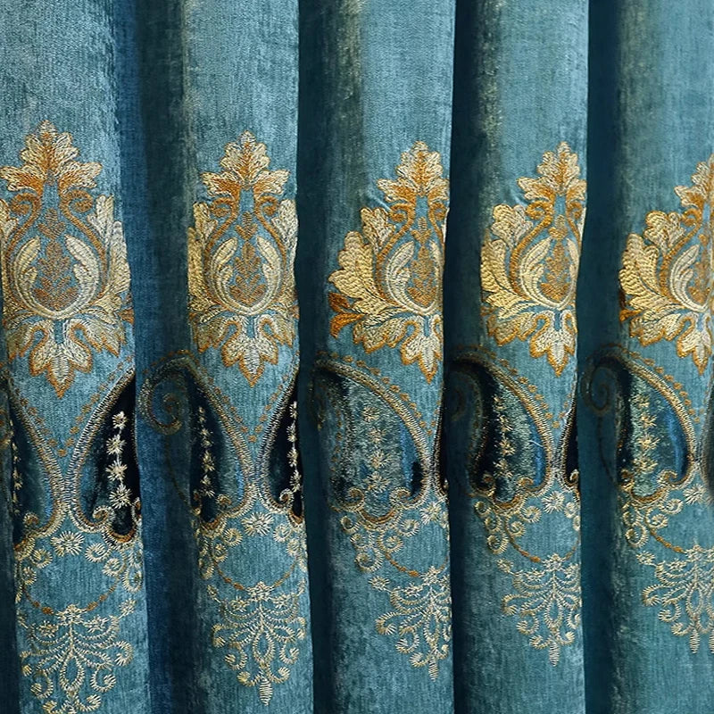 Luxuriously Embroidered Chenille Curtains 2-Piece Set For Living Room