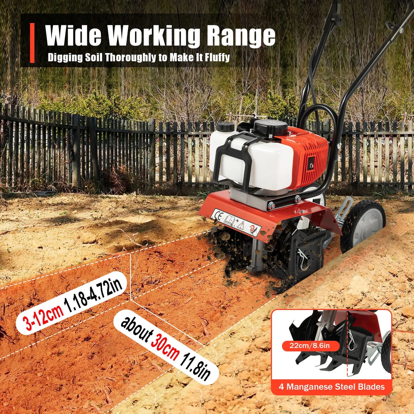 Bymaocar Gasoline Garden Tiller 2 Stroke Cultivator 1700W