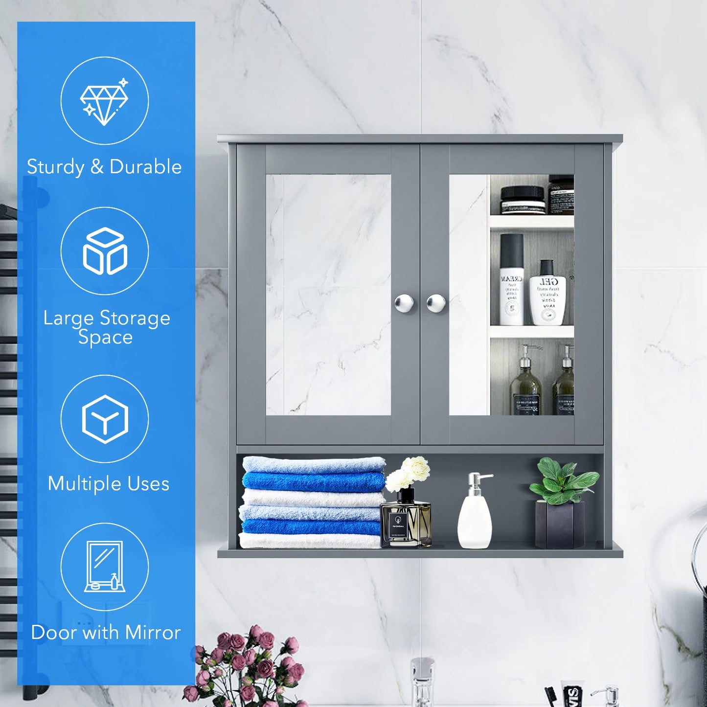 HOMASIS Wall Mount Mirror Cabinet Medicine Organizer With Open Shelf Storage Space Saving