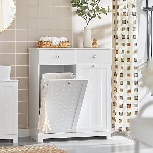 Tilt-Out Bathroom Laundry Cabinet With Hidden Hamper And Drawers