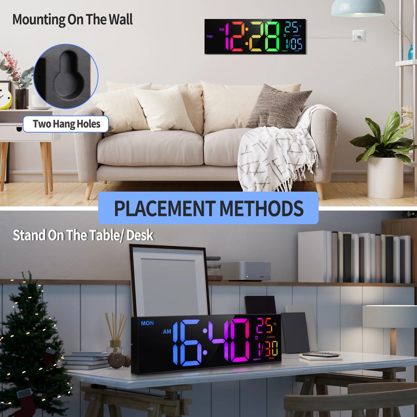 Digital Wall Clock With UltraBrightLEDDisplay Remote Temperature Sensor Monitoring
