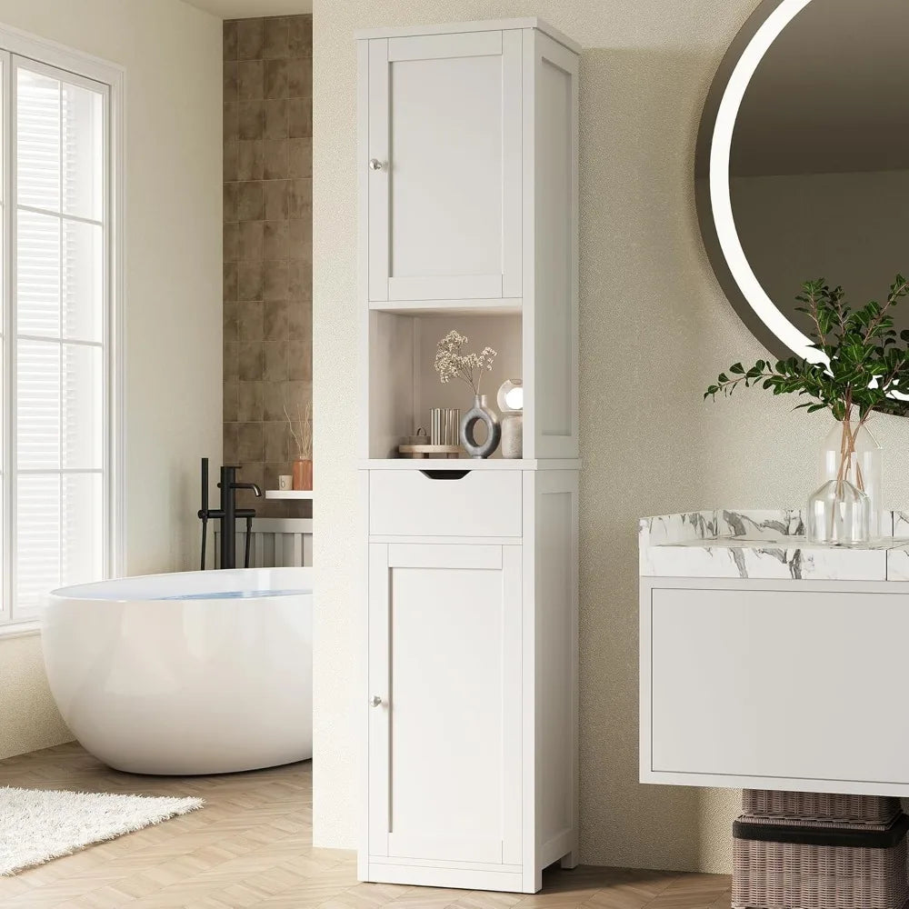 Tall Slim Corner Bathroom Storage Cabinet With Doors And Drawer